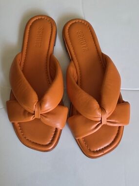 SCHUTZ Orange Knotted Leather Slide Sandals